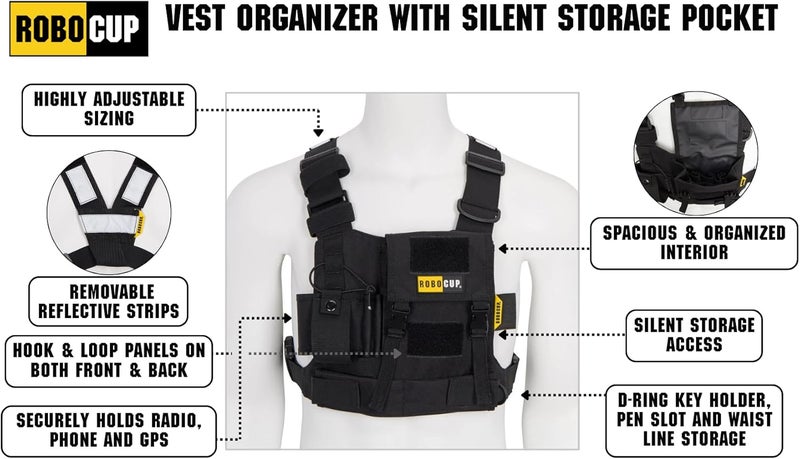ROBOCUP Radio Chest Harness Vest - Adjustable Utility Organizer with Silent Buckle Closure - Full-Size Ham Radio Pouch, Secure Fit, Work Gear with D-Ring, Reflective Safety Stripes, Hook & Loop Patch - Image 2